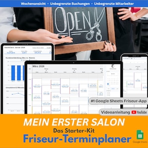 Könnte beinhalten: Ein digitaler Friseursalon-Planer, angezeigt auf Tablets und einem Telefon. Die Bildschirme zeigen Terminpläne, Finanz-Dashboards und den Text "Mein Erster Salon" und "Friseur-Terminplaner". Eine Tafel mit "OPEN" und Schere ist ebenfalls sichtbar.