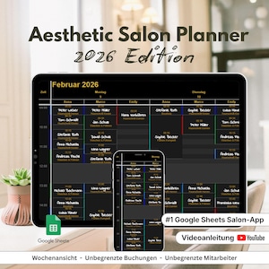 May include: A digital salon planner for 2026 displayed on a tablet and smartphone screen. The interface features a dark-themed weekly schedule for February 2026 with columns for staff members and time slots. Text includes Aesthetic Salon Planner 2026 Edition.