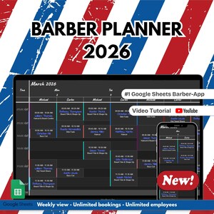 Pode incluir: Um planejador digital Barber Planner 2026 para Google Sheets exibido em uma tela de laptop e smartphone. A interface apresenta uma agenda semanal com colunas para barbeiros, horários e agendamentos. Inclui texto: Barber Planner 2026, #1 Google Sheets Barber-App, Video Tutorial e New!
