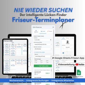 May include: A digital interface for a hair salon appointment scheduler, displayed on a laptop and tablet. The interface shows calendar views, search functions, and appointment details. Text includes "NIE WIEDER SUCHEN" and "Friseur-Terminplaner".