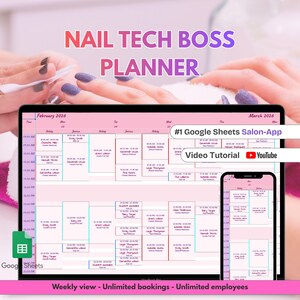 Könnte beinhalten: Ein digitaler Planer für Nageldesigner, der auf einem Laptop- und Smartphone-Bildschirm angezeigt wird. Die Benutzeroberfläche zeigt einen rosa Wochenkalender für Februar 2026 mit Terminen, Google Sheets-Branding und einem YouTube-Video-Link.