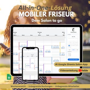Op de afbeelding: Een digitale tablet en smartphone met een salonafspraakagenda. De tablet toont een weekoverzicht met namen en tijden van klanten. Tekst bevat "All-in-One-Lösung MOBILER FRISEUR Dein Salon to go" en "#1 Google Sheets Salon-App".