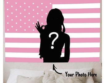 Tapiz fotográfico personalizado, adorno de pared con la bandera estadounidense rosa, decoración de pancarta personalizada