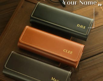 Personalized Vintage Leather Glasses Case, Custom Name Eyeglass Holder