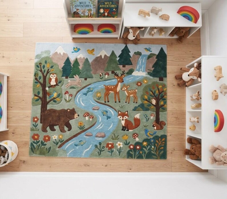 Kids Rug, Woodland Forest Animal Rug, Nursery Playroom Carpet, Deer Fox ...