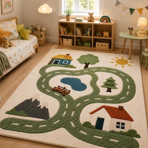 Handmade Kids Road Rug, Playroom Area Rug, Children's Car Rug, Wool Tufted Rug, Nursery Rug, Road Map Rug, Kids Room Decor