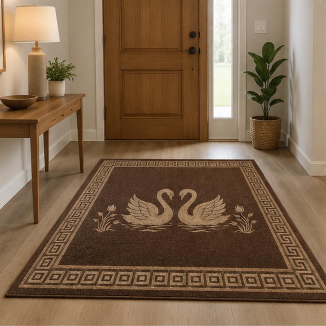 Vintage Swan Area Rug, Neutral Boho Living Room Rug, Greek Key Carpet ...