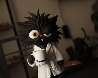 Black Cat Coffee Lover Figurine Hand Painted 3D Printed Cat Statue Funny Home Office Desk Decor Gift