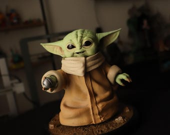 Grogu Baby Yoda Figure Hand Painted 3D Printed Collectible Statue Star Wars Inspired Desk Decor Gift for Fans