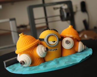 Minion Fire Hydrant Scene, Hand Painted Collectible Display Figure, Funny Cartoon Decor, Shelf Decoration, Unique Gift for Fans