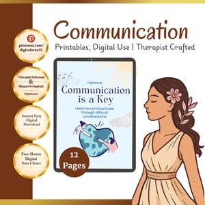 May include: A digital tablet displays a 12-page printable guide titled Communication is a Key, featuring an illustration of two people holding a heart-shaped globe. Four gold circular badges list product details alongside an illustrated person.