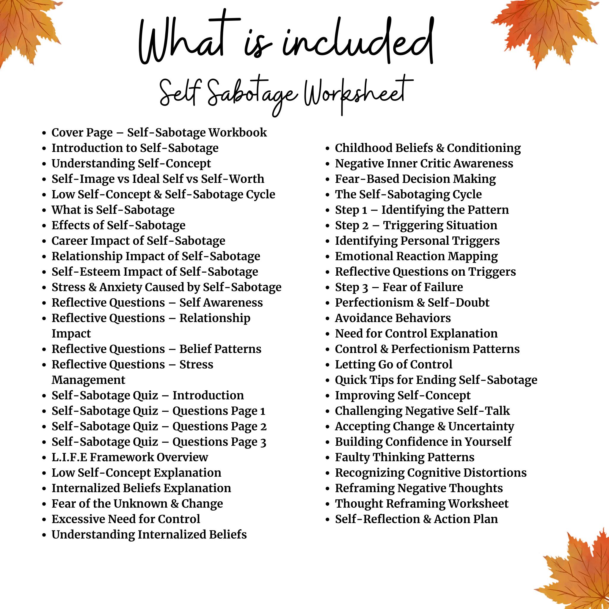 Self Sabotage Worksheets Printable PDF | Mental Health Therapy Workbook ...