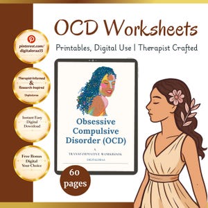 May include: A digital workbook titled OCD Worksheets, Obsessive Compulsive Disorder (OCD) A Transformative Workbook, featuring a colorful illustration of a person with curly hair. The document includes 60 pages and is presented with four gold circular badges.