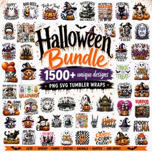 Könnte beinhalten: Eine digitale Sammlung von Halloween-Grafikdesigns mit Geistern, Kürbissen, Hexen und Skeletten. Der zentrale Text lautet Halloween Bundle 1500+ unique designs PNG SVG TUMBLER WRAPS, umgeben von verschiedenen gruseligen Illustrationen.