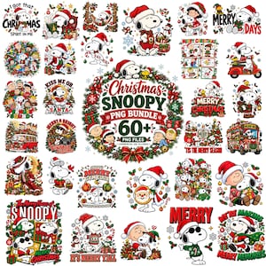 May include: A digital collection of over 60 Snoopy and Peanuts character illustrations featuring Christmas themes, Santa hats, holiday wreaths, gift boxes, and festive text like Merry Christmas, all displayed in a grid of colourful graphic designs.