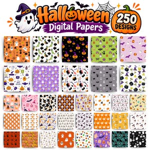 May include: A collection of 250 Halloween digital papers featuring repeating patterns of ghosts, pumpkins, bats, skulls, and witches' hats in various colors. The top text reads Halloween Digital Papers and 250 Designs with a ghost and pumpkin.