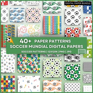 May include: A digital paper bundle featuring over 40 soccer-themed patterns with soccer balls, the number 26, and various colorful graphic elements. The collection includes 12x12 inch files in PNG and JPG formats, showcasing diverse designs with sports motifs.