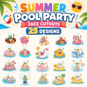 Może przedstawiać: Cyfrowa kolekcja 25 wycinanek na twarz Summer Pool Party przedstawiająca postacie z kreskówek w strojach kąpielowych na kołach do pływania, takich jak flamingi, jednorożce, rekiny i kaczki, z tekstem Summer Pool Party Face Cutouts 25 Designs.