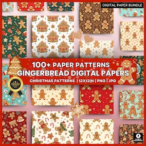 May include: A digital paper bundle featuring over 100 gingerbread-themed patterns. The collection includes various designs with gingerbread people, houses, candy canes, and snowflakes in red, green, brown, and white. Text reads 100+ PAPER PATTERNS GINGERBREAD DIGITAL PAPERS CHRISTMAS PATTERNS | 12X12IN | PNG | JPG.