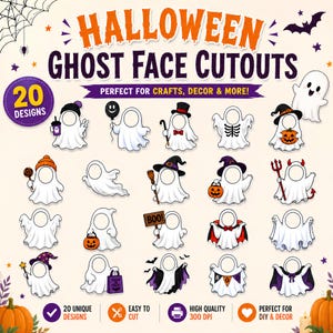 Può includere: Una collezione di 20 sagome di volti di fantasmi per Halloween, con fantasmi bianchi dotati di fori circolari per il viso. I fantasmi sono raffigurati con vari accessori tra cui cappelli, zucche, palloncini e cartelli con la scritta BOO. Il testo recita HALLOWEEN GHOST FACE CUTOUTS.