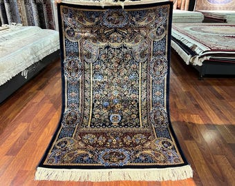 Alfombra de oración de seda azul, Janamaz islámica, alfombra de oración turca de lujo