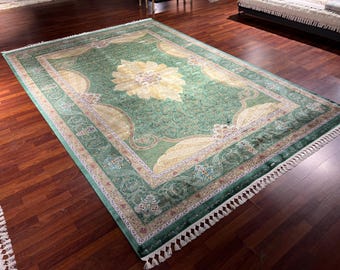 6x9 ft Green Gold Silk Rug Luxury Floral Medallion Traditional Area Rug Elegant Living Room Carpet