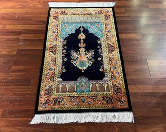 Navy Blue Gold Silk Prayer Rug, Luxury Janamaz, Floral Mihrab Islamic Gift Mat