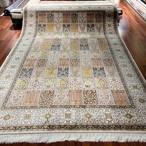 7x10 Garden Panel Silk Rug, Beige Floral Patchwork Rug, Turkish Area Rug, Luxury Living Room Rug