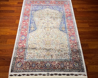 Alfombra de oración de seda color crema, rojo y azul, mihrab floral, alfombra de regalo islámico de lujo.