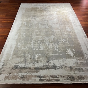 7x10 Modern Cream Gray Rug, Abstract Pattern Rug, Bamboo Silk Rug, Luxury Living Room Rug