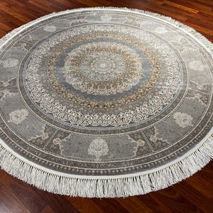Alfombra redonda gris de 5 x 5 pies, alfombra circular beige carbón, alfombra vintage con medallón, alfombra circular de seda.