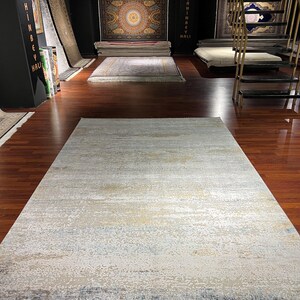 7x10 Cream Beige Modern Rug, Abstract Soft Pattern Rug, Bamboo Silk Rug, Luxury Area Rug