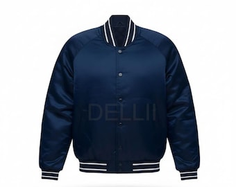Navy Satin Varsity Jacket Unisex, Custom Letterman Jacket, Quilted Bomber Streetwear Coat