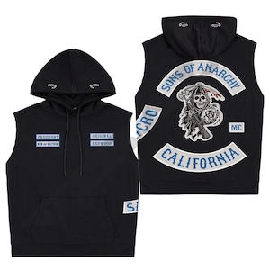 May include: Black sleeveless hoodie featuring patches with text and graphics. The front displays "PRESIDENT" and "ORIGINAL REDWOOD" patches. The back has a large patch with a skull and scythe design, the words "SONS OF ANARCHY" and "CALIFORNIA".