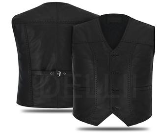 Men's Real Black Leather Biker Vest Button Front Waistcoat