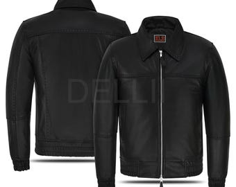 Men's Black Cowhide Leather Motorcycle Jacket, Hand Stitched Biker Rider Coat