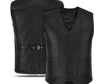 Men’s Black Leather Motorcycle Vest Hand Stitched Genuine Cow Hide Leather Rider Waistcoat