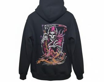Grim Reaper Embroidered Hoodie – Heavyweight Black Pullover, Gothic Streetwear