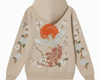 Grim Reaper Embroidered Hoodie – Heavyweight Beige Pullover, Gothic Streetwear