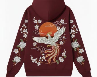 Grim Reaper Embroidered Hoodie – Heavyweight Maroon Pullover, Gothic Streetwear