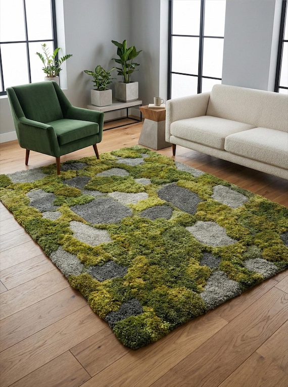Moss Green Forest Floor Tufted Rug - Handmade 3D Textured Area Rug