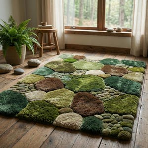 Op de afbeelding: Een rechthoekig tapijt met een steen- en mosontwerp. Het tapijt heeft verschillende tinten groen en bruin, met afgeronde vormen die op stenen en mosvlekken lijken. Het tapijt ligt op een houten vloer, wat een natuurlijke, aardse esthetiek creëert.