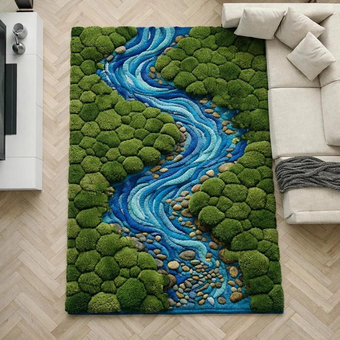 3D River Moss Rug 8x10, Nature Inspired Hand Tufted Wool Carpet ...