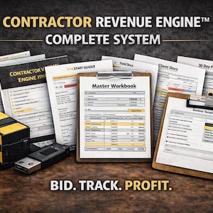 以下が含まれることがあります： 請負業者向けの完全なシステムの画像。書類、クリップボード上のマスターワークブック、USBドライブが特徴です。「CONTRACTOR REVENUE ENGINE COMPLETE SYSTEM」と「BID. TRACK. PROFIT」というテキストが表示されています。