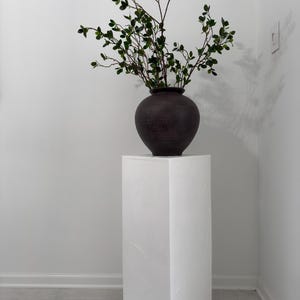 May include: A dark brown, round vase filled with green leafy branches sits atop a white, square pedestal. The pedestal has a textured surface and is placed on a tiled floor, creating a minimalist aesthetic.