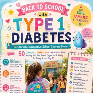 May include: A colorful educational binder titled Back to School with Type 1 Diabetes, featuring a child with a backpack, a list of 50 printable pages, blood sugar logs, insulin trackers, meal planners, and school nurse forms for kids and families.