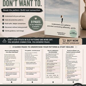 May include: A digital self-help guide titled You Push People Away... Even When You Don't Want To, featuring 8 pages of guided exercises for self-awareness and growth. The document includes reflective prompts, checklists, and text by Soha Rumi.
