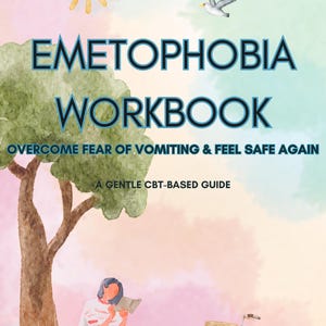 Puede incluir: Ilustración en acuarela de un "Cuaderno de trabajo sobre la emetofobia" con el texto: "Supera el miedo a vomitar y siéntete seguro de nuevo". También se representan un árbol, un sol, un pájaro y una bicicleta.