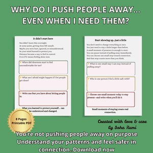 May include: A printable PDF document with two pages featuring reflective prompts and text titled Why do I push people away... even when I need them? The pages include sections for writing responses to questions about emotional safety, fear, and connection.