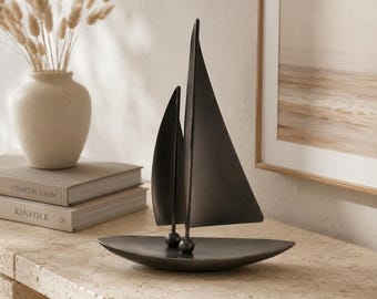 Minimalist Sailboat Sculpture, Dark Metallic Nautical Art Decoration